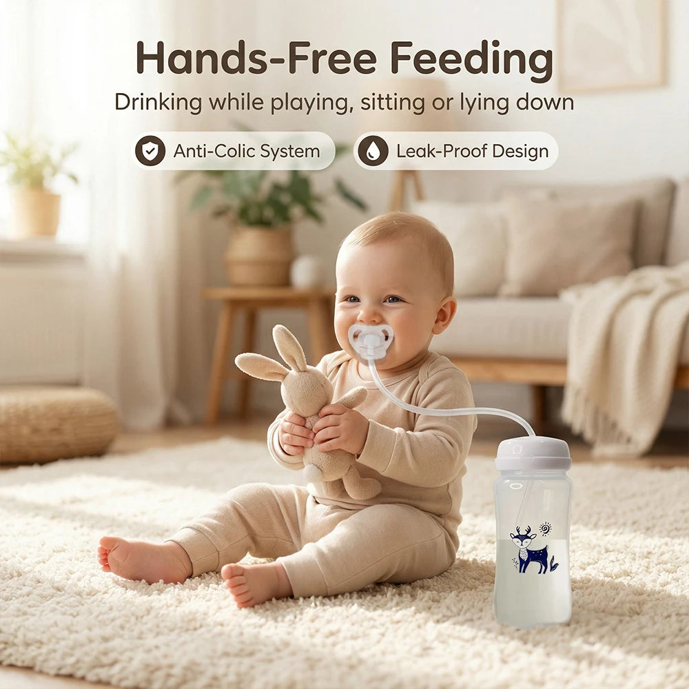 Hands-free baby feeding bottle for drinking while playing - anti-colic system and leak-proof design