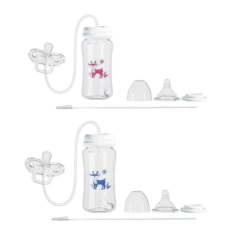 MamaEase 3-in-1 baby bottle in pink and blue deer patterns - hands-free feeding bottle set for boys and girls