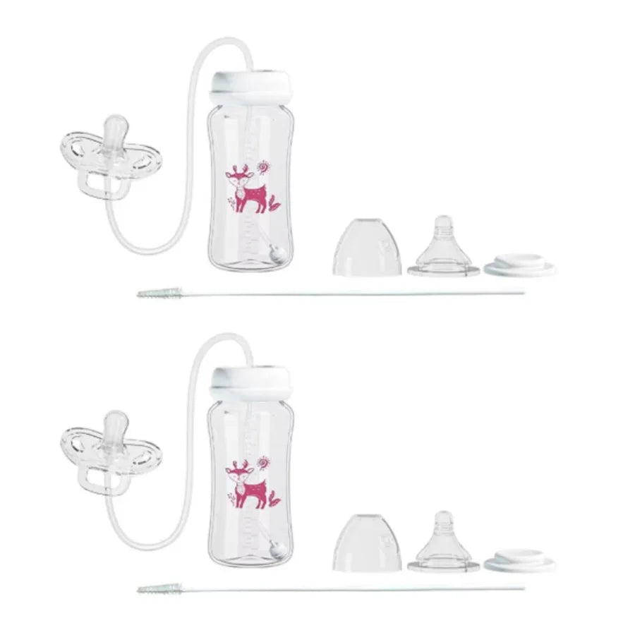 MamaEase 3-in-1 baby bottle components - bottle, hands-free pacifier tube, wide-neck nipple, and cleaning brush
