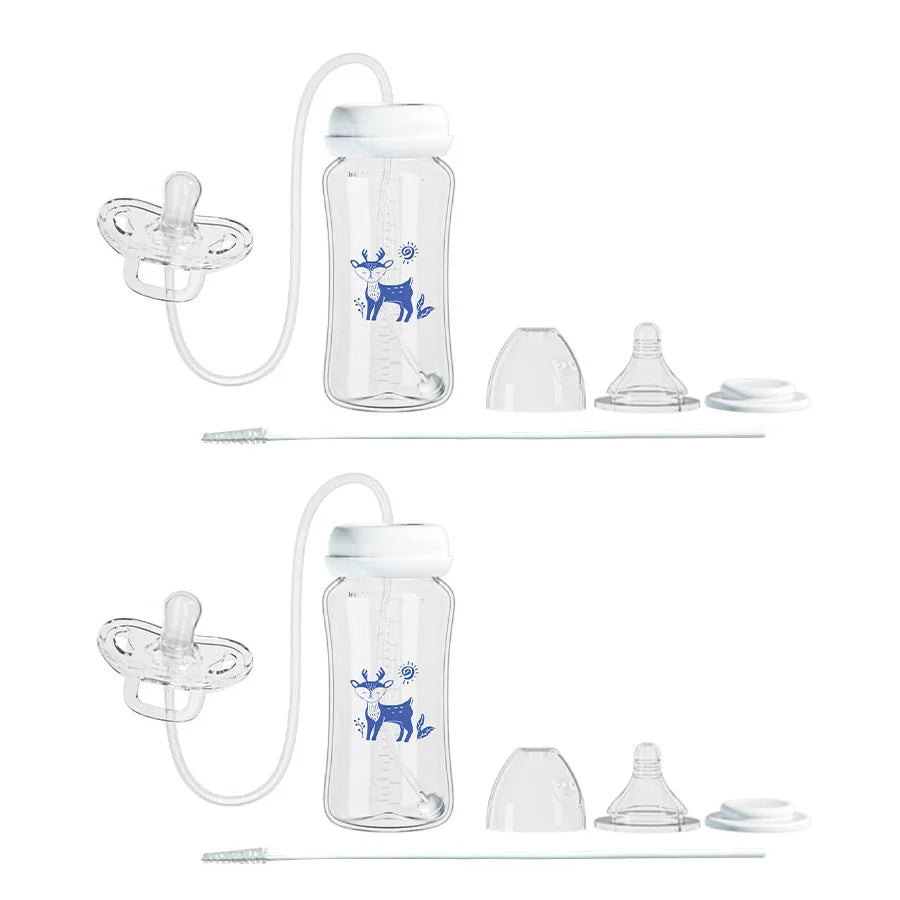 MamaEase 3-in-1 baby bottle in blue deer pattern with hands-free tube, nipples, and cleaning brush
