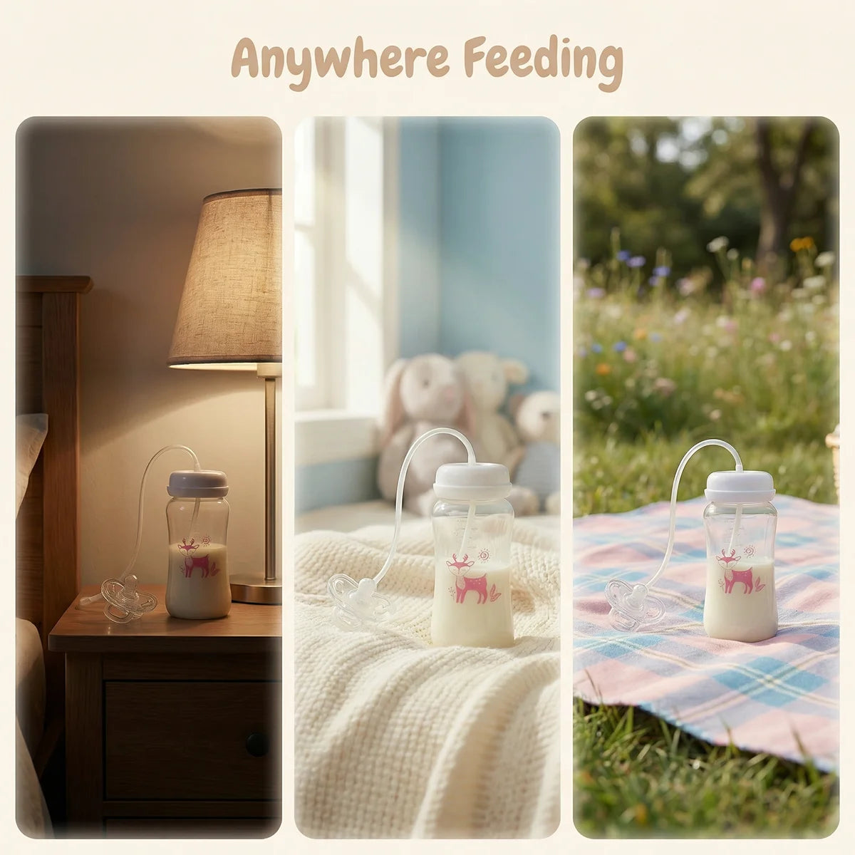 Anywhere feeding - MamaEase baby bottle used at bedside, in nursery, and outdoors