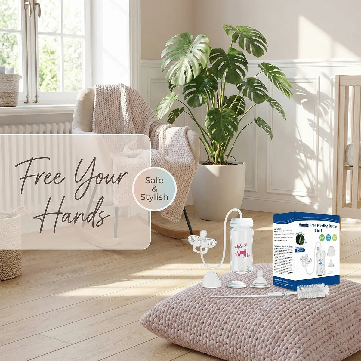 Safe and stylish MamaEase hands-free baby feeding bottle in modern nursery setting