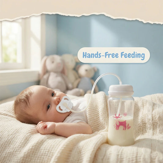 Baby being fed using MamaEase hands-free baby bottle - convenient feeding for newborns 0-36 months