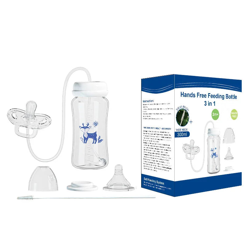 MamaEase 3-in-1 Hands-Free Baby Feeding Bottle full set with bottle, nipples, brush, and 300ml wide-neck packaging